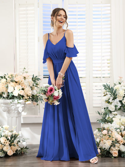 A-Line Spaghetti Straps Split Side Ruched Floor-Length Chiffon Bridesmaid Dresses