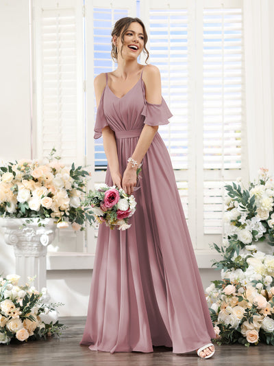 A-Line Spaghetti Straps Split Side Ruched Floor-Length Chiffon Bridesmaid Dresses