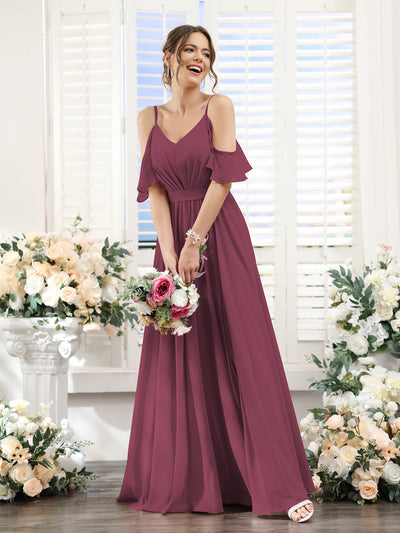 A-Line Spaghetti Straps Split Side Ruched Floor-Length Chiffon Bridesmaid Dresses