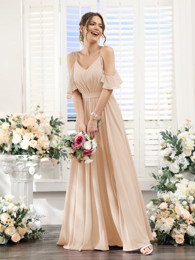 A-Line Spaghetti Straps Split Side Ruched Floor-Length Chiffon Bridesmaid Dresses