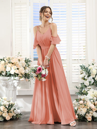 A-Line Spaghetti Straps Split Side Ruched Floor-Length Chiffon Bridesmaid Dresses