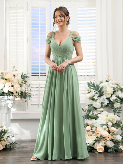 A-Line V-Neck Split Side Ruched Floor-Length Chiffon Bridesmaid Dresses