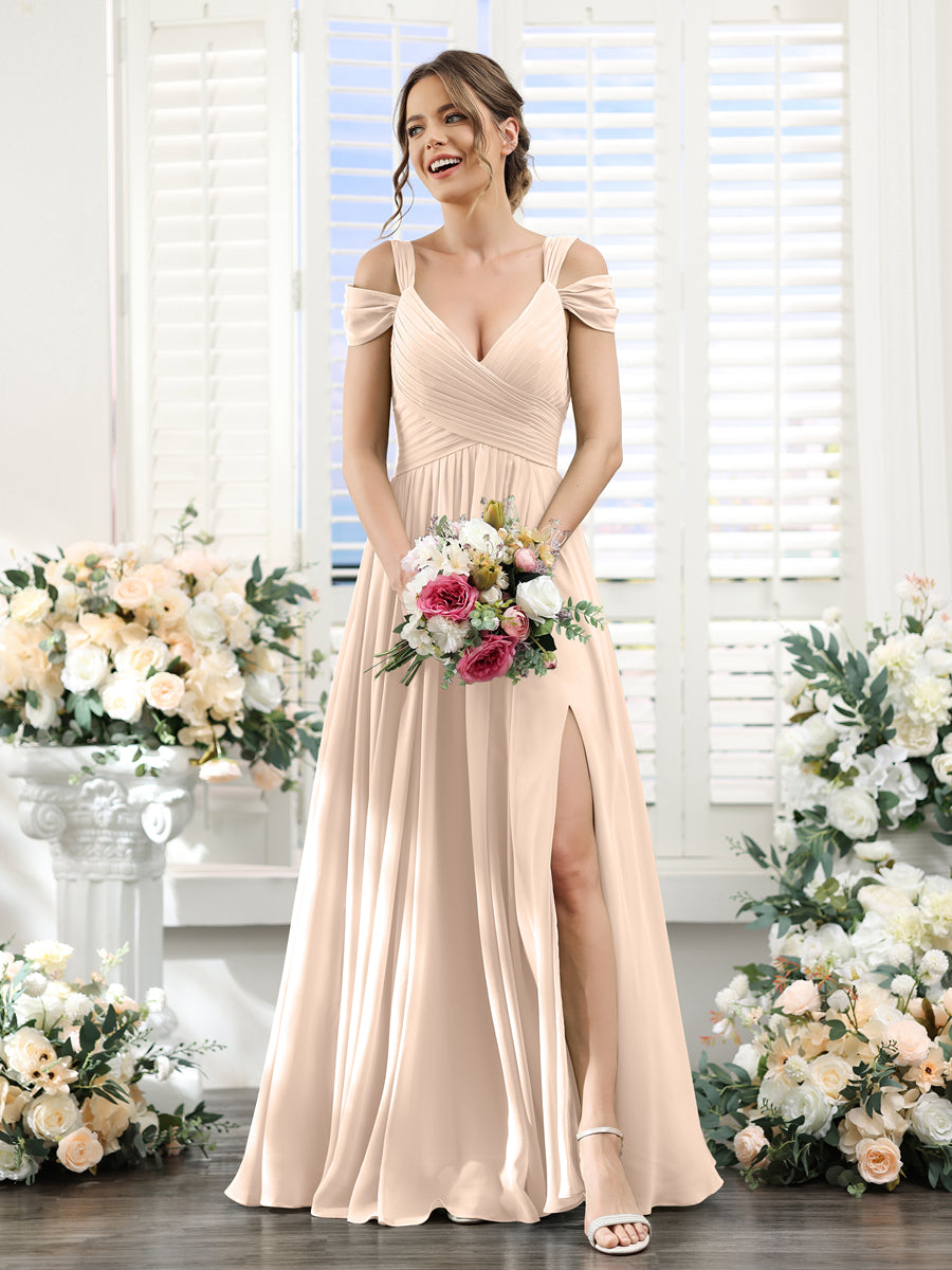 Lavetir Bridesmaid Dresses Mauve A-Line V-Neck Split Side Ruched Floor-Length Chiffon 2026
