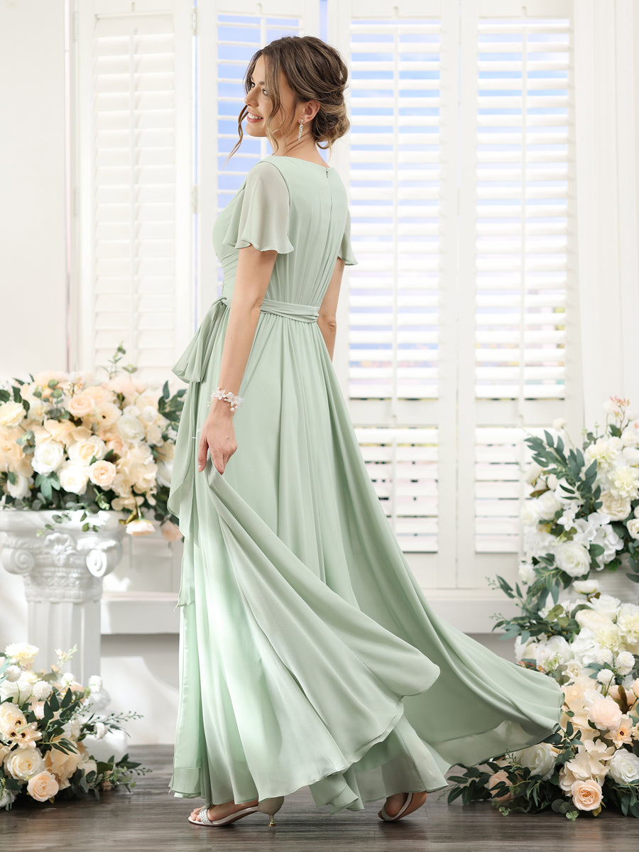 A-Line V-Neck Short Sleeves Split Side Ruched Floor-Length Chiffon Bridesmaid Dresses