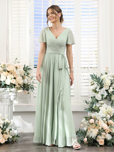 A-Line V-Neck Short Sleeves Split Side Ruched Floor-Length Chiffon Bridesmaid Dresses