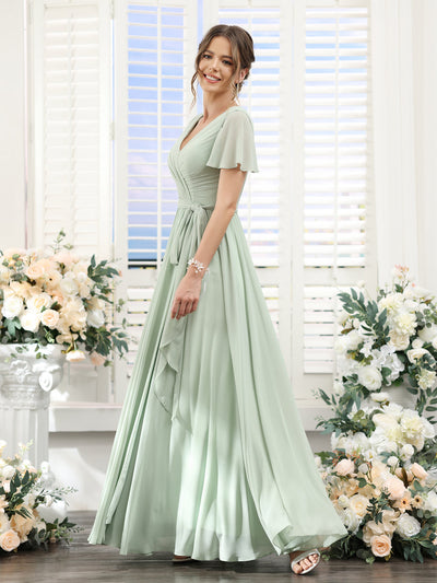 A-Line V-Neck Short Sleeves Split Side Ruched Floor-Length Chiffon Bridesmaid Dresses