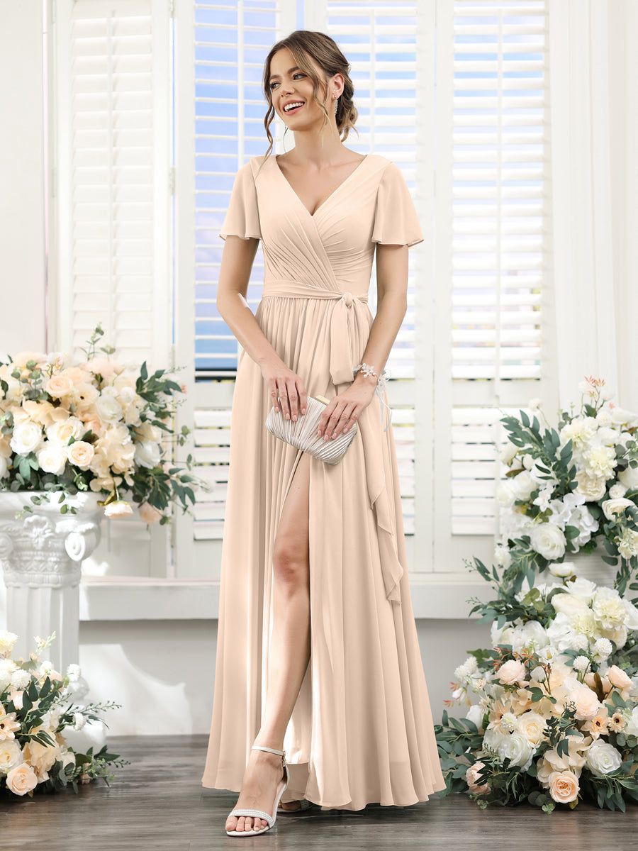 Lavetir Bridesmaid Dresses Silver A-Line V-Neck Short Sleeves Split Side Ruched Floor-Length Chiffon 2026