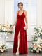 A-Line V-Neck Spaghetti Straps Sleeveless Split Side Floor-Length Velvet Dresses