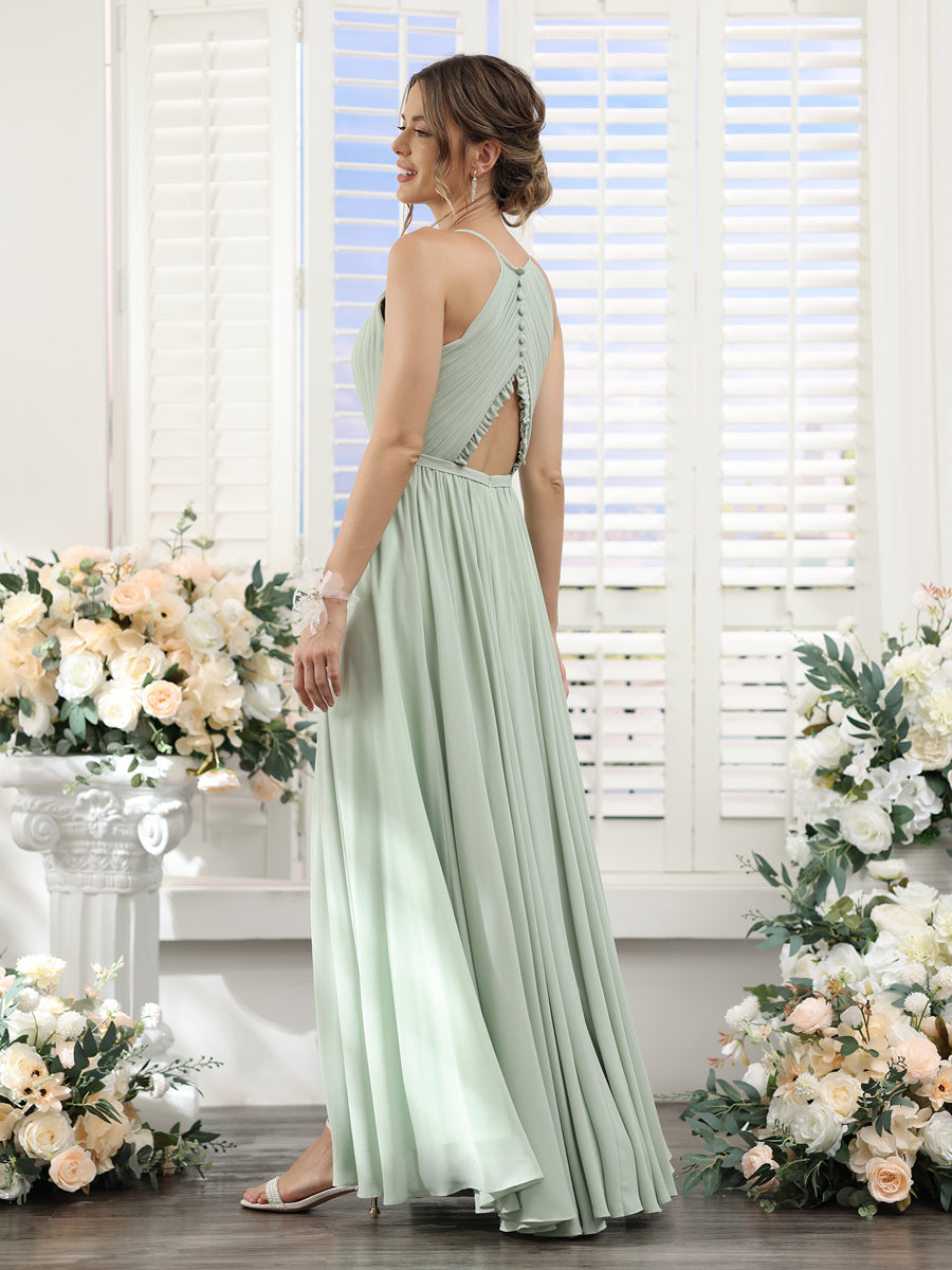 A-Line Halter Sleeveless Split Side Ruched Floor-Length Chiffon Bridesmaid Dresses