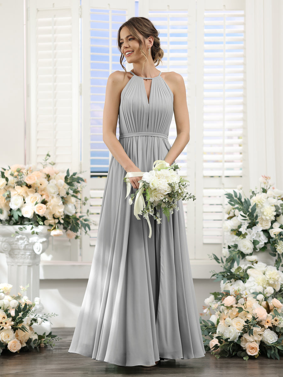 A-Line Halter Sleeveless Split Side Ruched Floor-Length Chiffon Bridesmaid Dresses