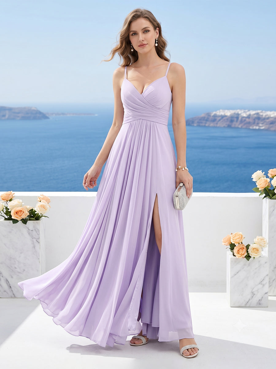 A-Line V-Neck Spaghetti Straps Sleeveless Split Side Floor-Length Chiffon Bridesmaid Dresses