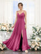 A-Line V-Neck Spaghetti Straps Sleeveless Split Side Floor-Length Chiffon Bridesmaid Dresses