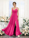 A-Line V-Neck Spaghetti Straps Sleeveless Split Side Floor-Length Chiffon Bridesmaid Dresses