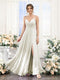 A-Line V-Neck Spaghetti Straps Sleeveless Split Side Floor-Length Chiffon Bridesmaid Dresses