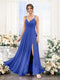 A-Line V-Neck Spaghetti Straps Sleeveless Split Side Floor-Length Chiffon Bridesmaid Dresses