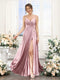 A-Line Spaghetti Straps Sleeveless Ruched Split Side Floor-Length Silk Satin Bridesmaid Dresses
