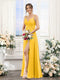 A-Line Spaghetti Straps Sleeveless Ruched Split Side Floor-Length Silk Satin Bridesmaid Dresses
