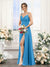 A-Line Spaghetti Straps Sleeveless Ruched Split Side Floor-Length Silk Satin Bridesmaid Dresses