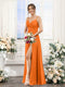 A-Line Spaghetti Straps Sleeveless Ruched Split Side Floor-Length Silk Satin Bridesmaid Dresses