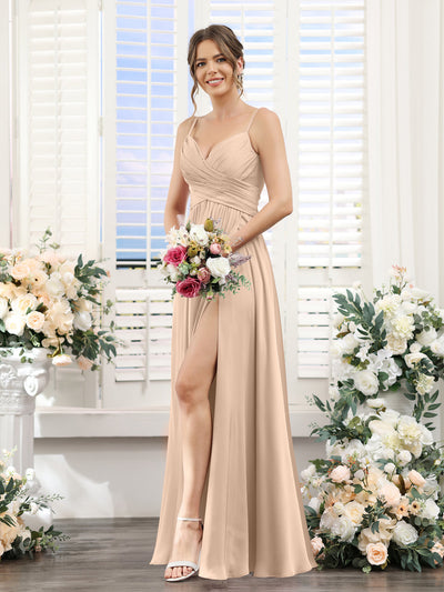 A-Line Spaghetti Straps Sleeveless Ruched Split Side Floor-Length Silk Satin Bridesmaid Dresses