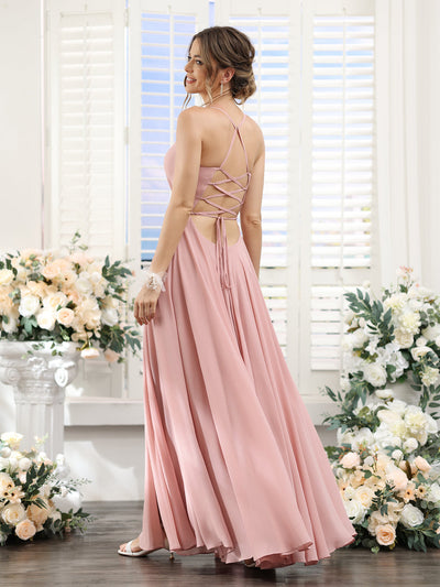 A-Line Spaghetti Straps Sleeveless Backless Split Side Floor-Length Chiffon Bridesmaid Dresses