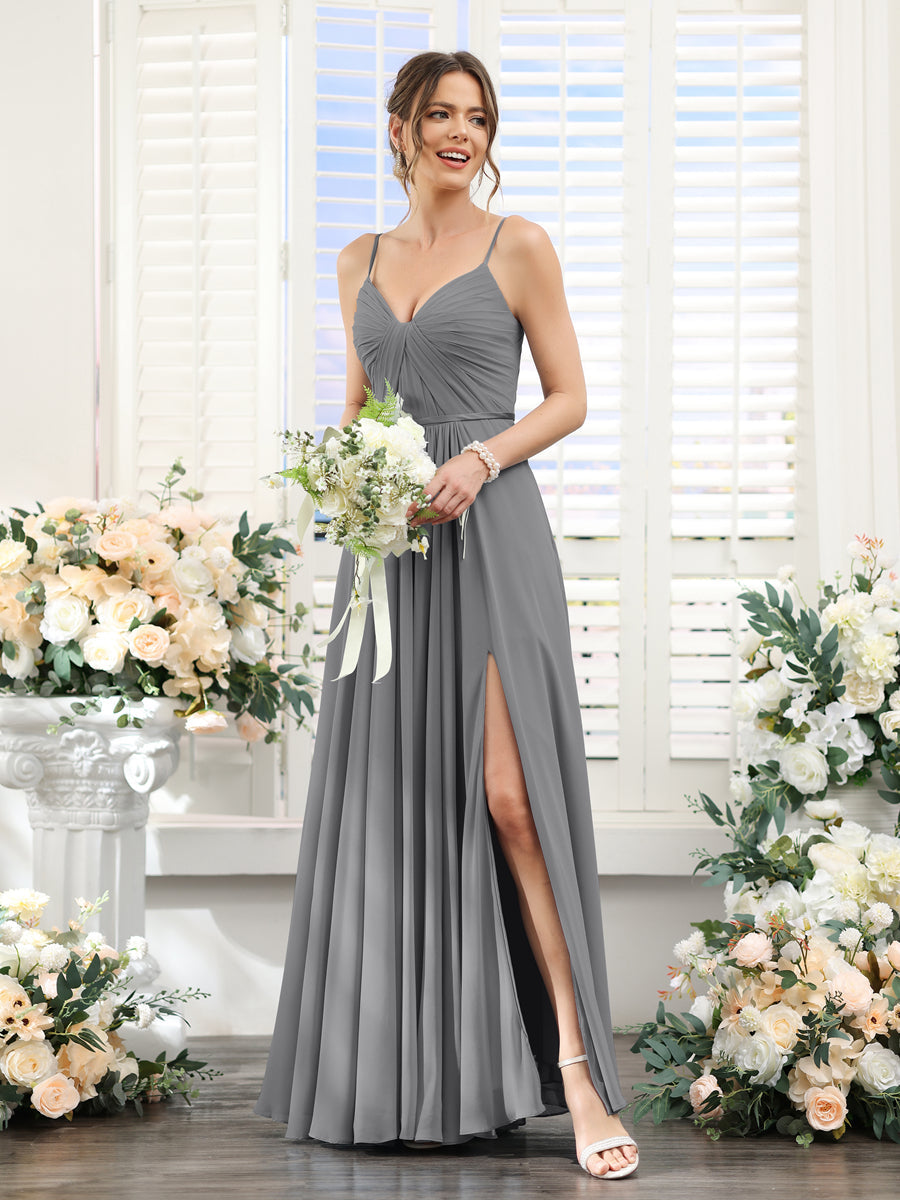 A-Line Ruched V-Neck Spaghetti Straps Split Side Floor-Length Chiffon Bridesmaid Dresses