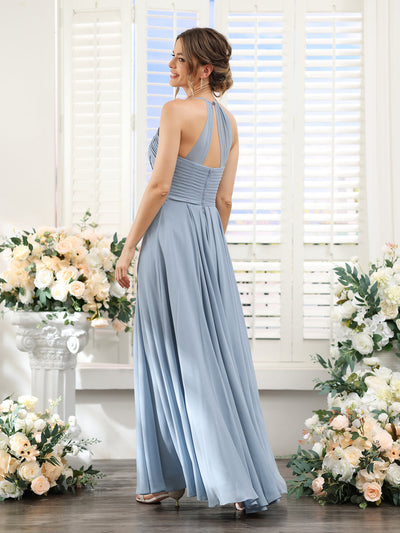 A-Line Halter Sleeveless Ruched Floor-Length Chiffon Bridesmaid Dresses