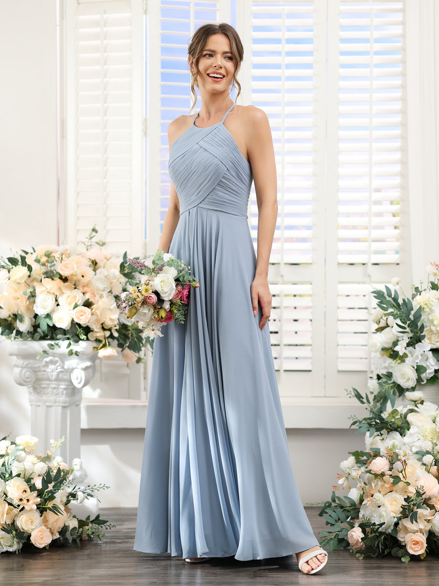 A-Line Halter Sleeveless Ruched Floor-Length Chiffon Bridesmaid Dresses