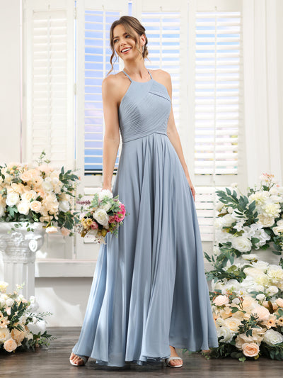 A-Line Halter Sleeveless Ruched Floor-Length Chiffon Bridesmaid Dresses