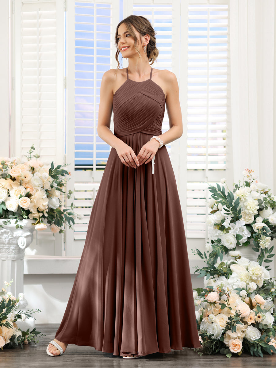 A-Line Halter Sleeveless Ruched Floor-Length Chiffon Bridesmaid Dresses