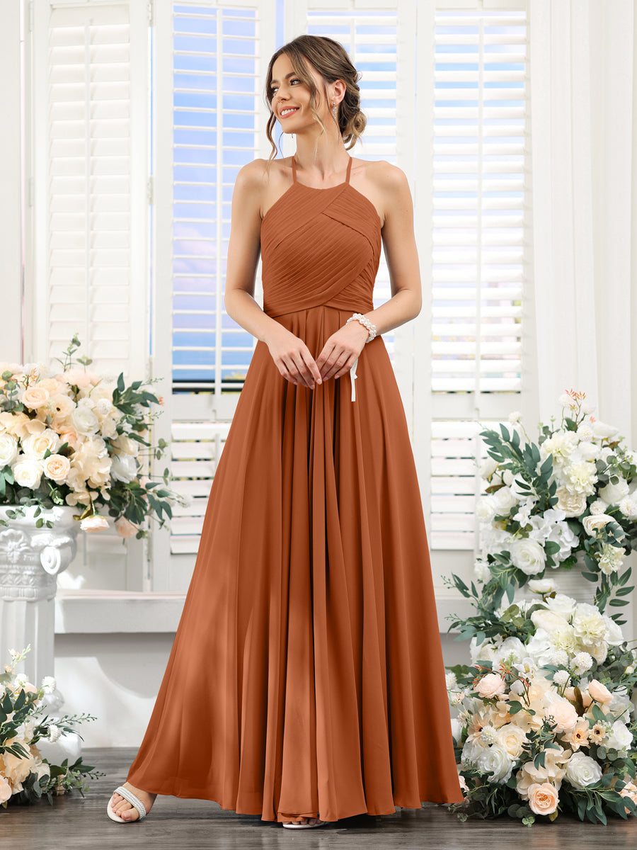 Lavetir Bridesmaid Dresses Salmon A-Line Halter Sleeveless Ruched Floor-Length Chiffon 2026