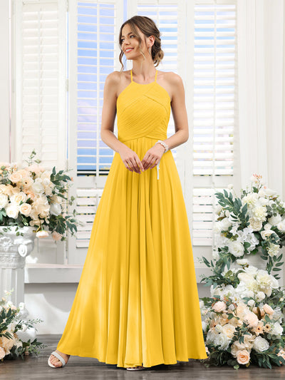 A-Line Halter Sleeveless Ruched Floor-Length Chiffon Bridesmaid Dresses