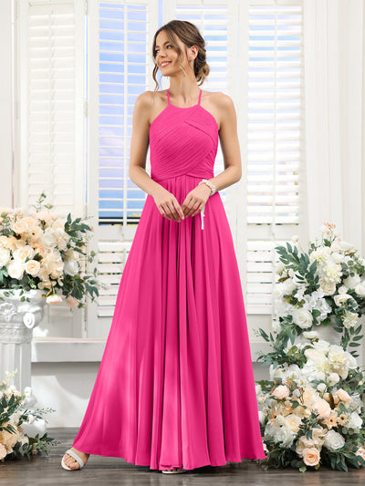 A-Line Halter Sleeveless Ruched Floor-Length Chiffon Bridesmaid Dresses