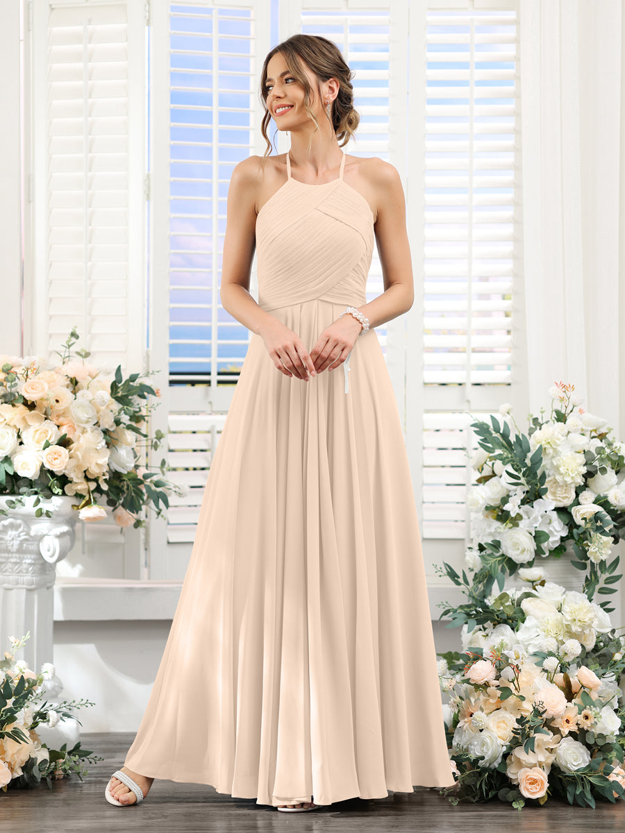 A-Line Halter Sleeveless Ruched Floor-Length Chiffon Bridesmaid Dresses