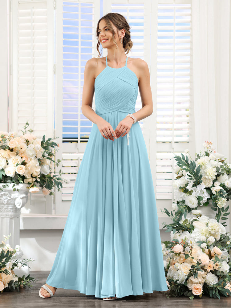 Lavetir Bridesmaid Dresses Salmon A Line Halter Sleeveless Ruched Floor Length Chiffon 2025