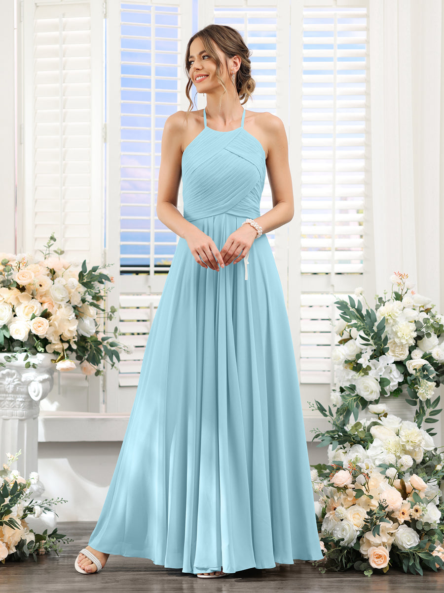 A-Line Halter Sleeveless Ruched Floor-Length Chiffon Bridesmaid Dresses