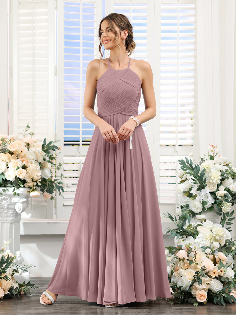 A-Line Halter Sleeveless Ruched Floor-Length Chiffon Bridesmaid Dresses