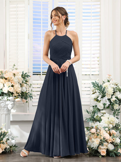 A-Line Halter Sleeveless Ruched Floor-Length Chiffon Bridesmaid Dresses