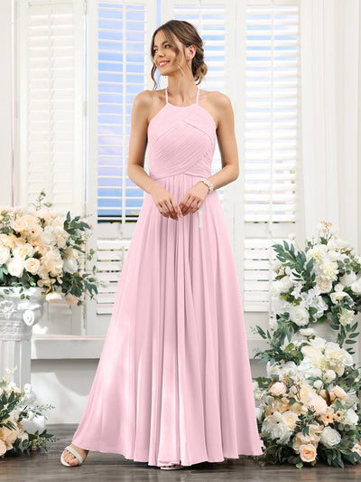 A-Line Halter Sleeveless Ruched Floor-Length Chiffon Bridesmaid Dresses