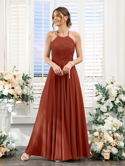 A-Line Halter Sleeveless Ruched Floor-Length Chiffon Bridesmaid Dresses