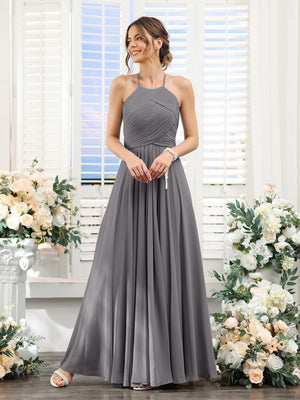 A-Line Halter Sleeveless Ruched Floor-Length Chiffon Bridesmaid Dresses