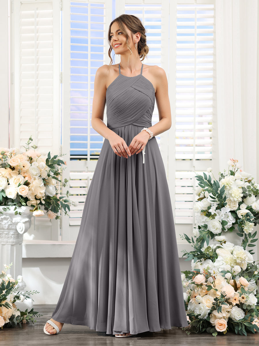 A-Line Halter Sleeveless Ruched Floor-Length Chiffon Bridesmaid Dresses