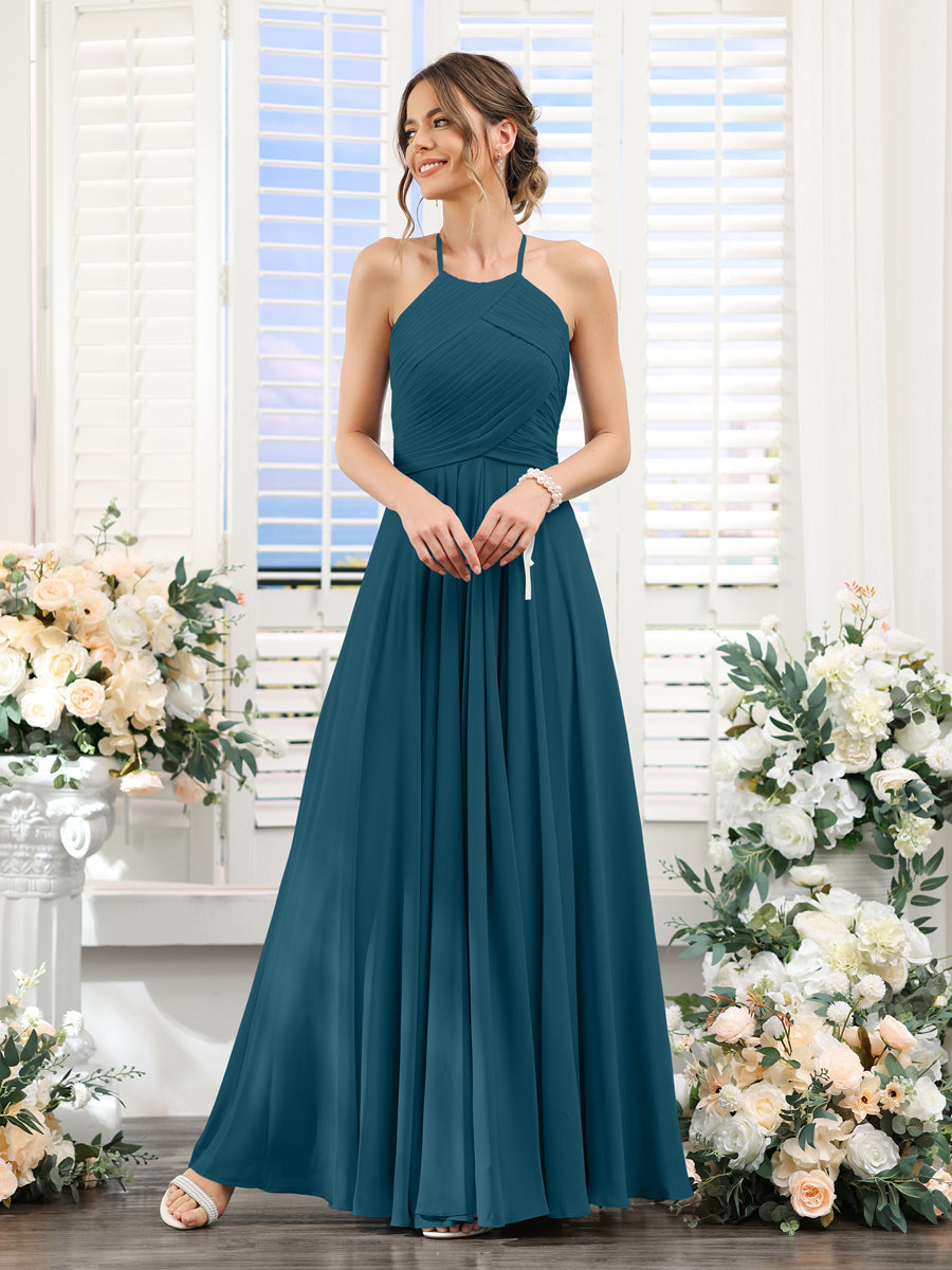 A-Line Halter Sleeveless Ruched Floor-Length Chiffon Bridesmaid Dresses