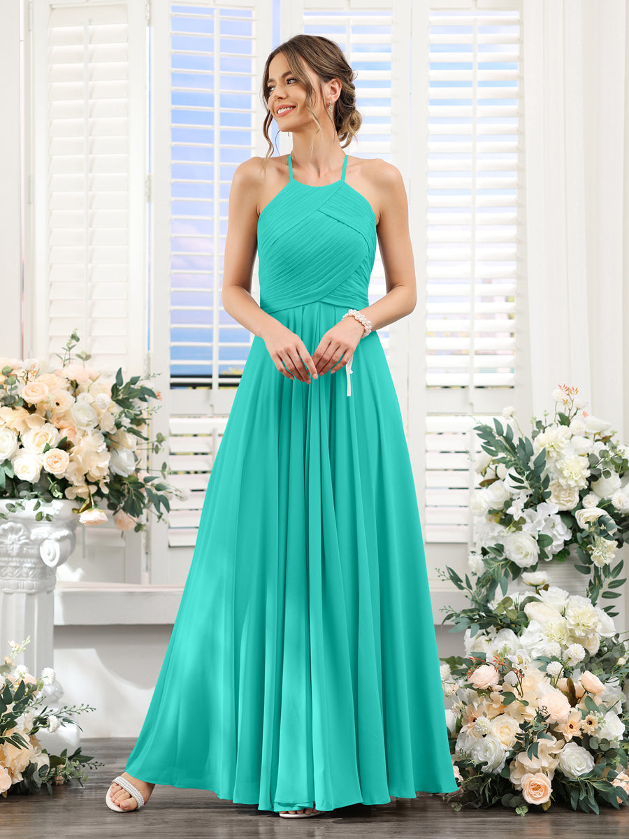 A-Line Halter Sleeveless Ruched Floor-Length Chiffon Bridesmaid Dresses