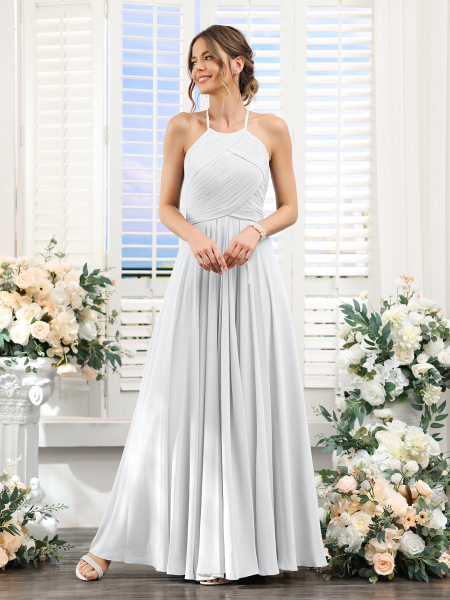 A-Line Halter Sleeveless Ruched Floor-Length Chiffon Bridesmaid Dresse – Lavetir