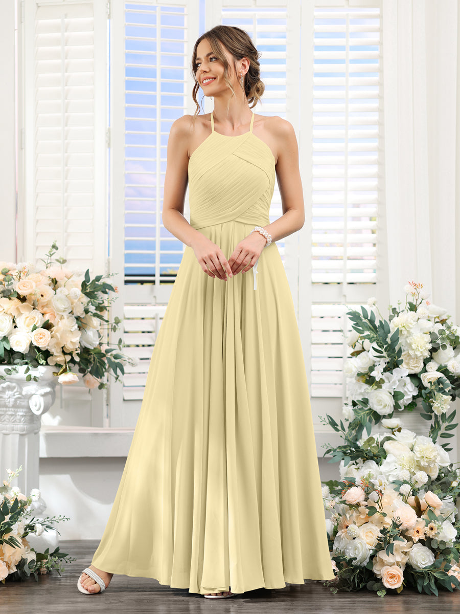 A-Line Halter Sleeveless Ruched Floor-Length Chiffon Bridesmaid Dresses