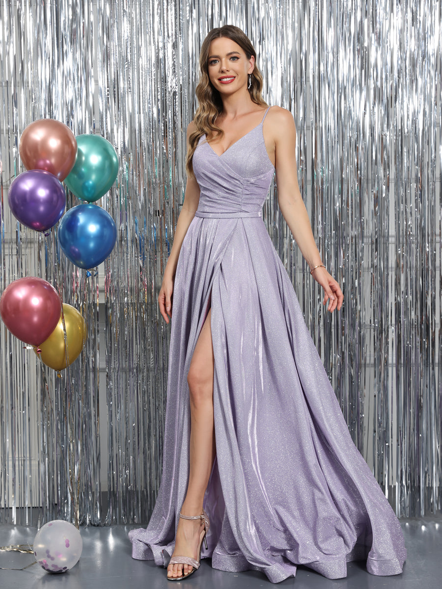 A-Line Spaghetti Straps V-Neck Sleeveless Metallic Lurex Long Prom Dresses