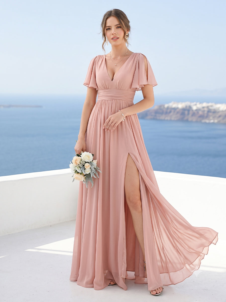 A-Line V-Neck Short Sleeves Split Side Floor-Length Chiffon Bridesmaid Dresses