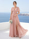 A-Line V-Neck Short Sleeves Split Side Floor-Length Chiffon Bridesmaid Dresses