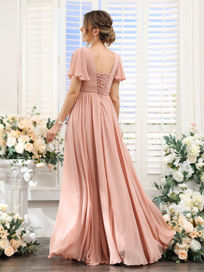 A-Line V-Neck Short Sleeves Split Side Floor-Length Chiffon Bridesmaid Dresses